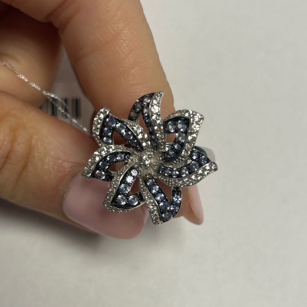 Suzy Levian Sterling Silver Blue Sapphire Created White Sapphire Floral Ring NWT
